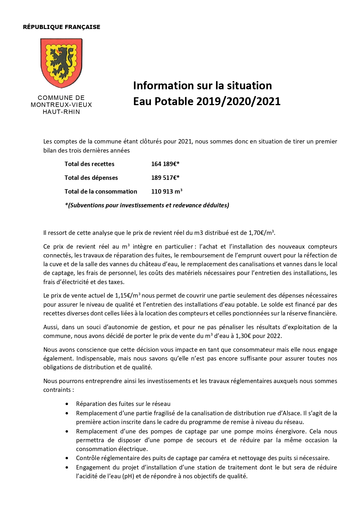 Information sur la situation de l'eau potable de 2019 à 2021